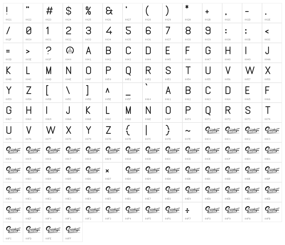 GABOED thin Character Map