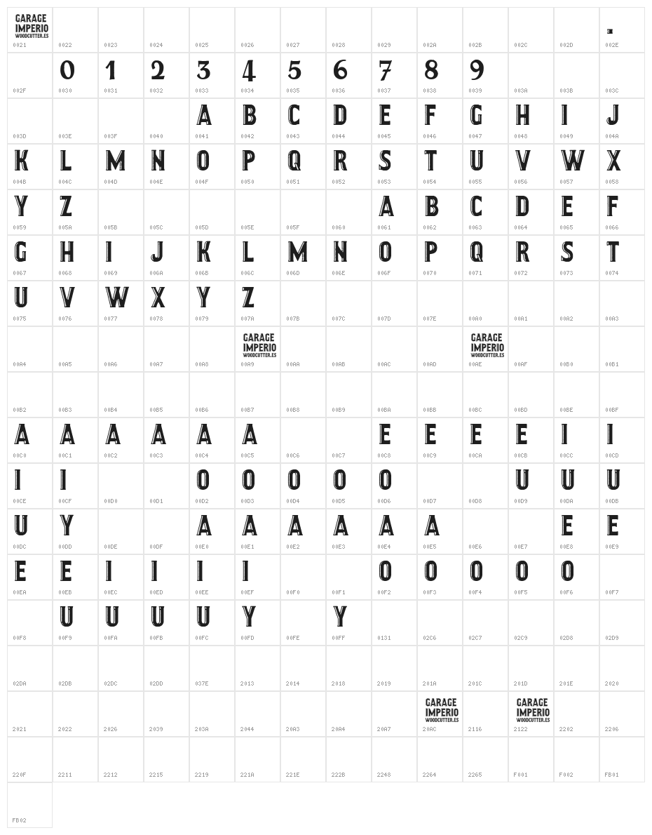 GARAGE IMPERIO Character Map