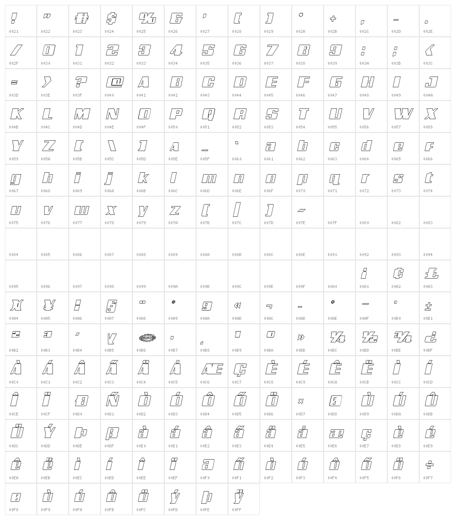 Galactic Storm Outline Italic Character Map
