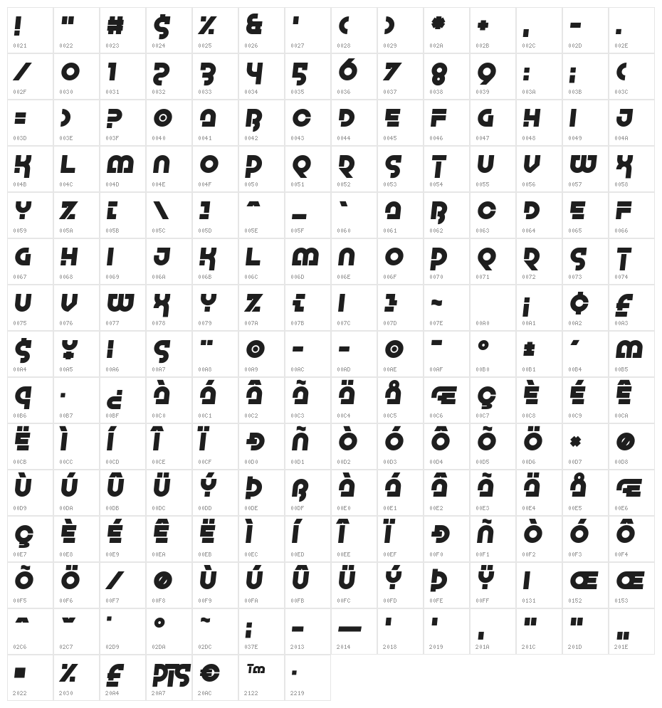 Galaxy Girl Slant Character Map