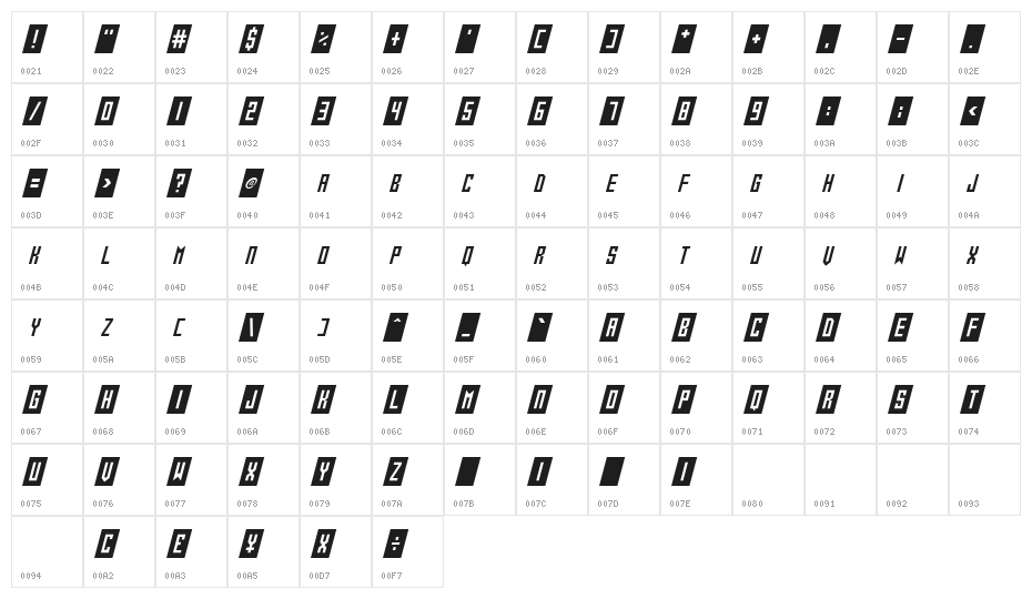 Gameshow Italic Character Map