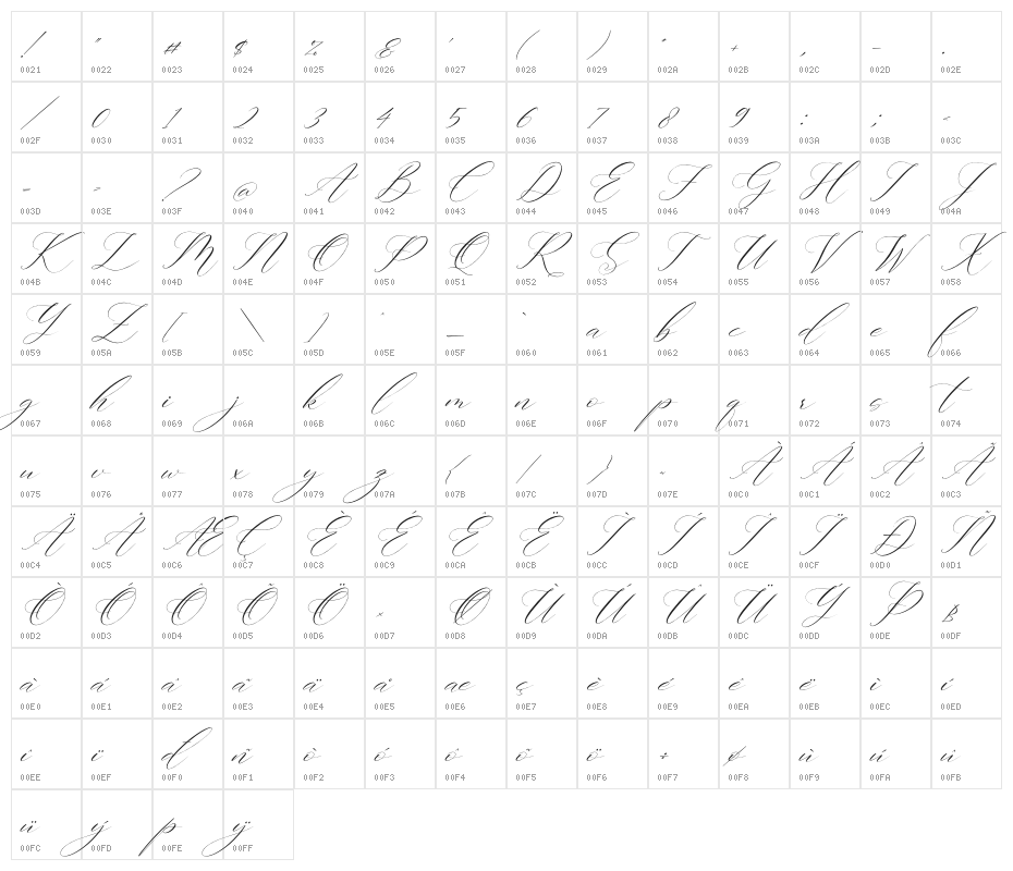 Gashina Lattiva Italic Character Map