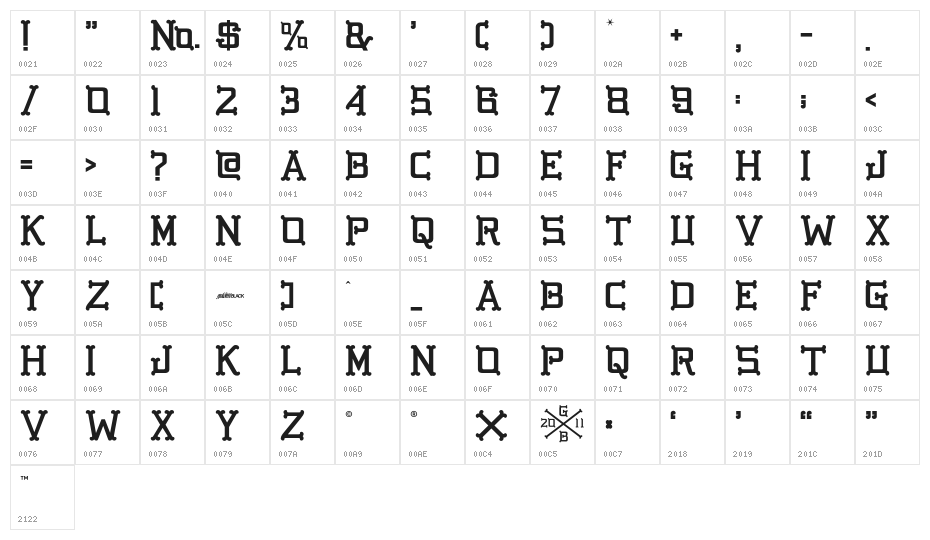 GBGoldenBones-Regular Character Map