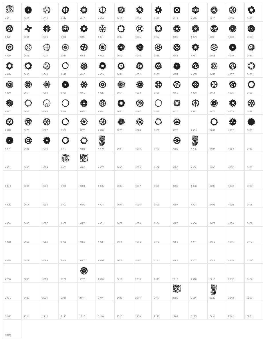 Gears Icons Character Map