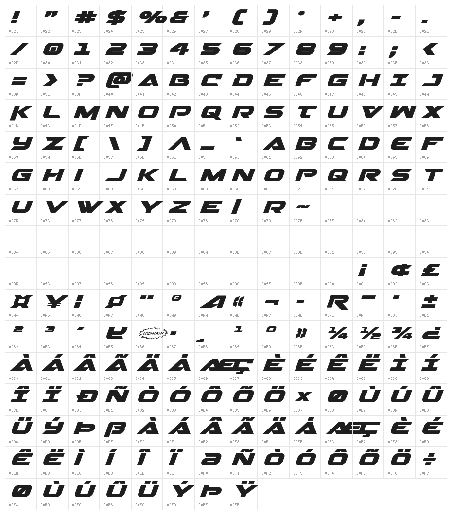 Gemina 2 Expanded Italic Character Map