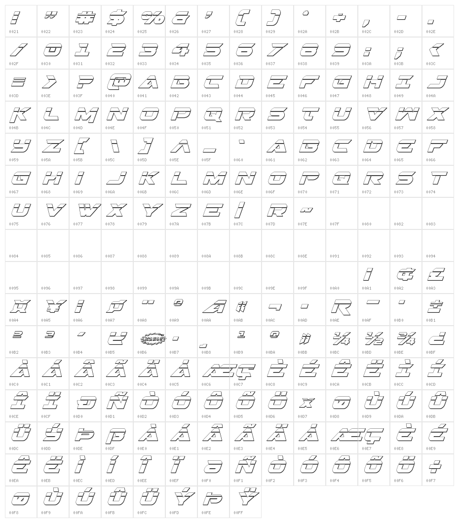 Gemina 2 Laser 3D Italic Character Map