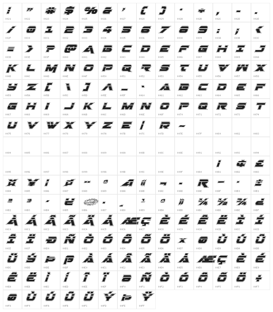 Gemina Academy Laser Italic Character Map
