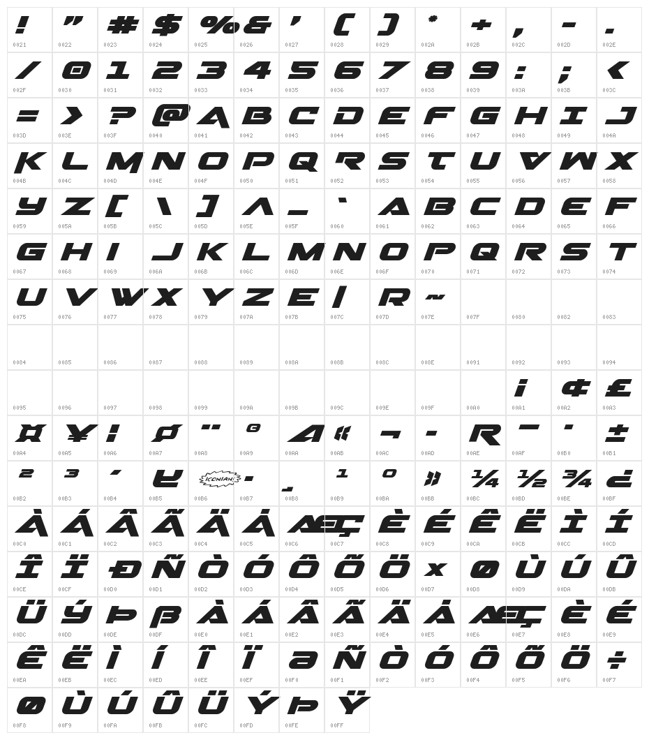 Gemina Expanded Italic Character Map