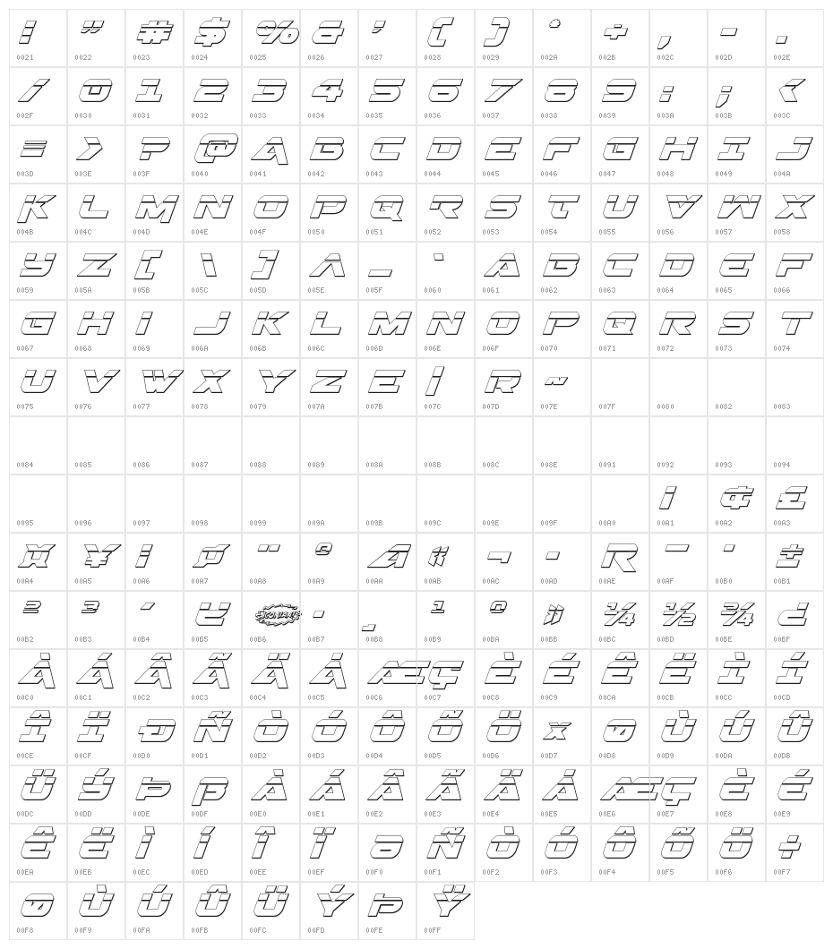 Gemina Laser 3D Italic Character Map