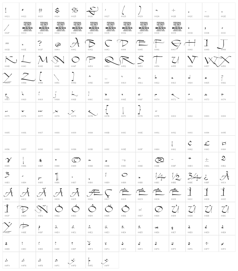 Geza Script PERSONAL USE ONLY Character Map