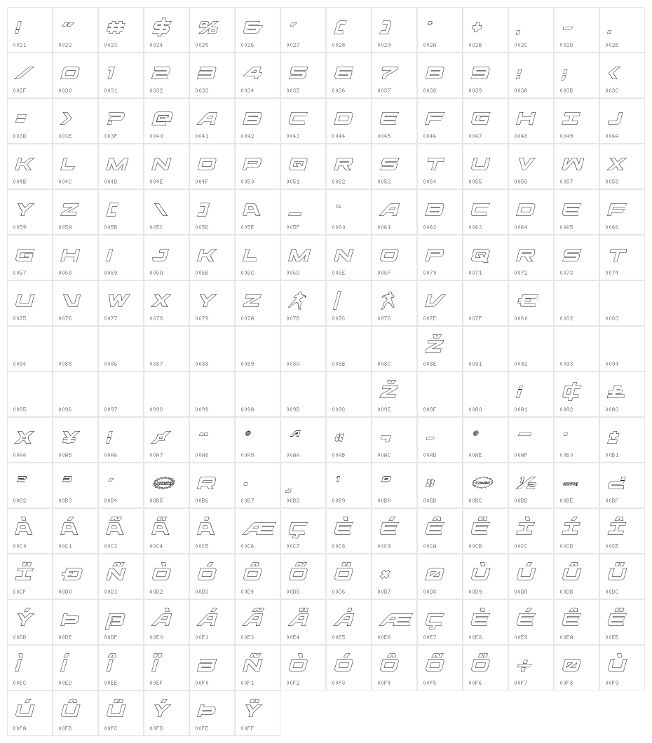 Ghost Clan Outline Italic Character Map