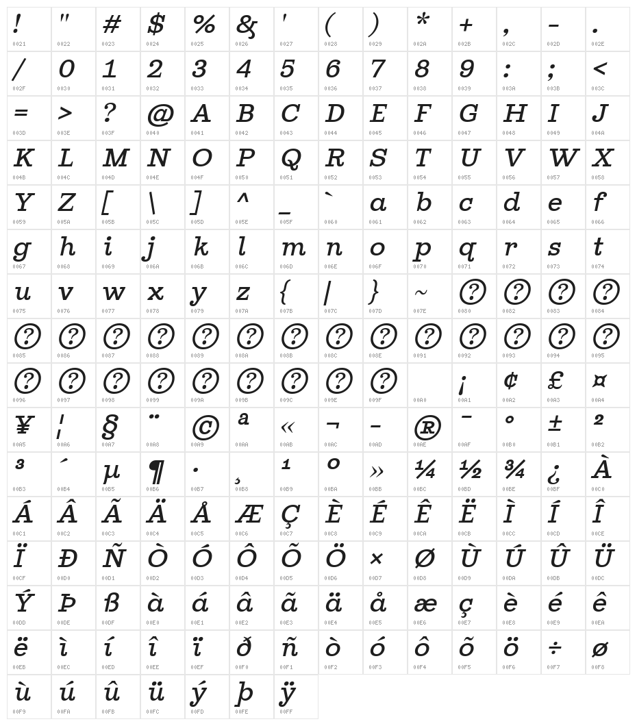 Ghostlight Light Italic Character Map