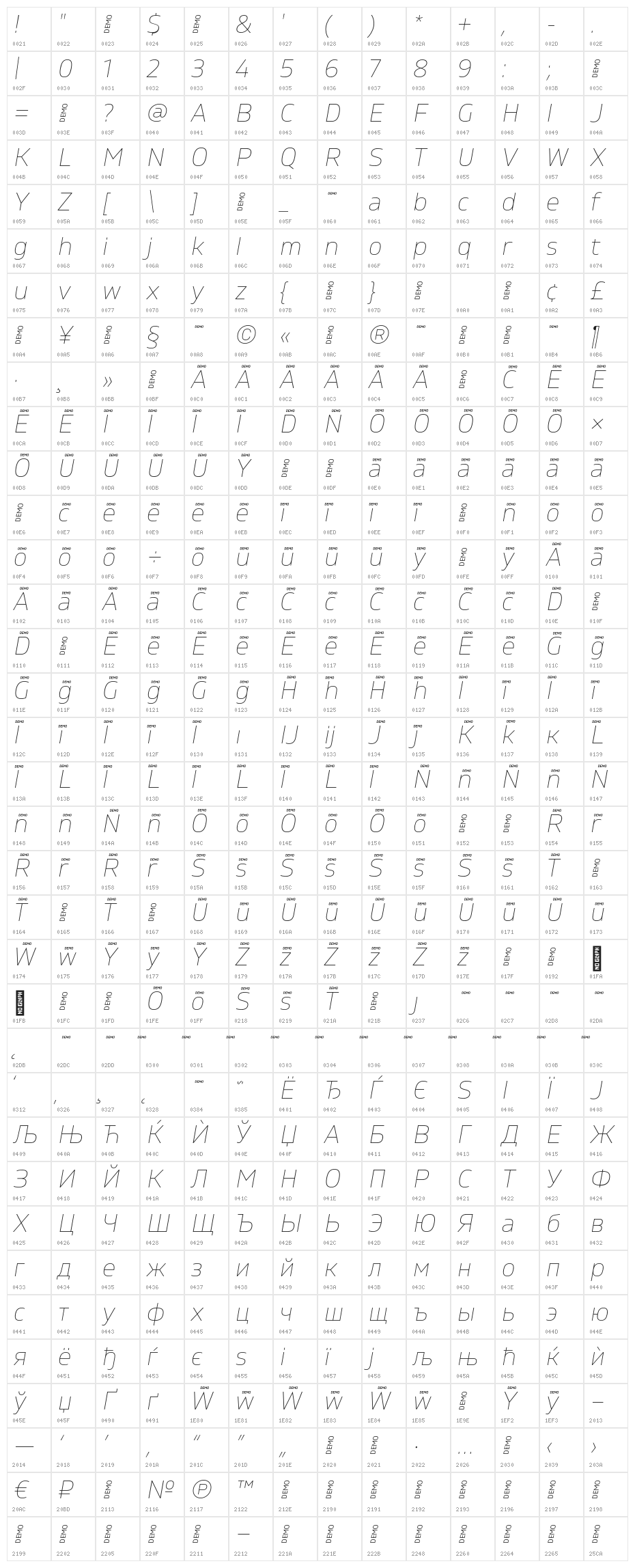 Gilam Thin Italic DEMO Character Map