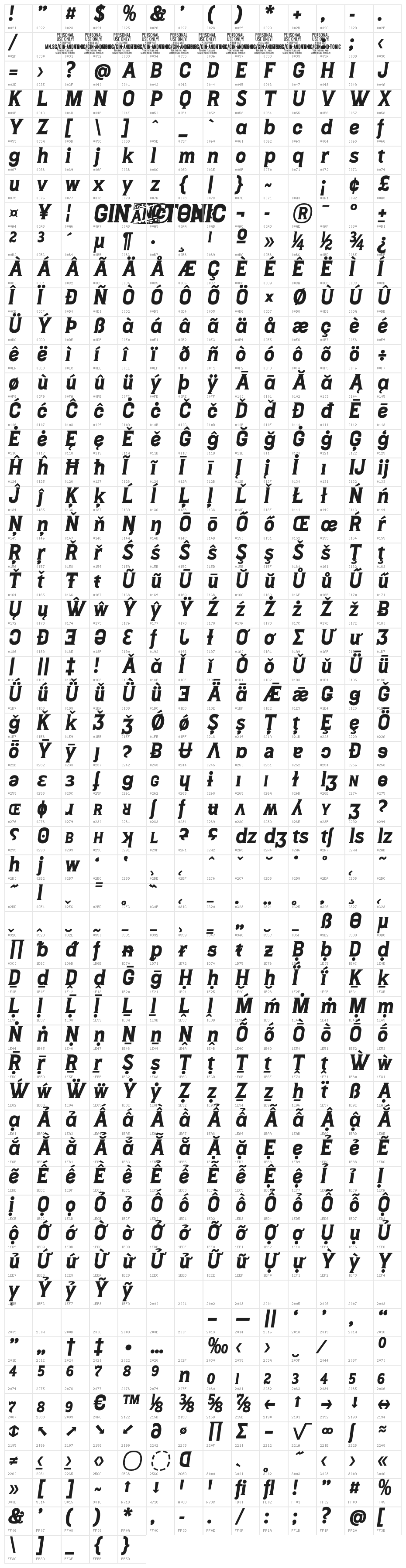 Gin And Tonic PERSONAL USE Italic Character Map