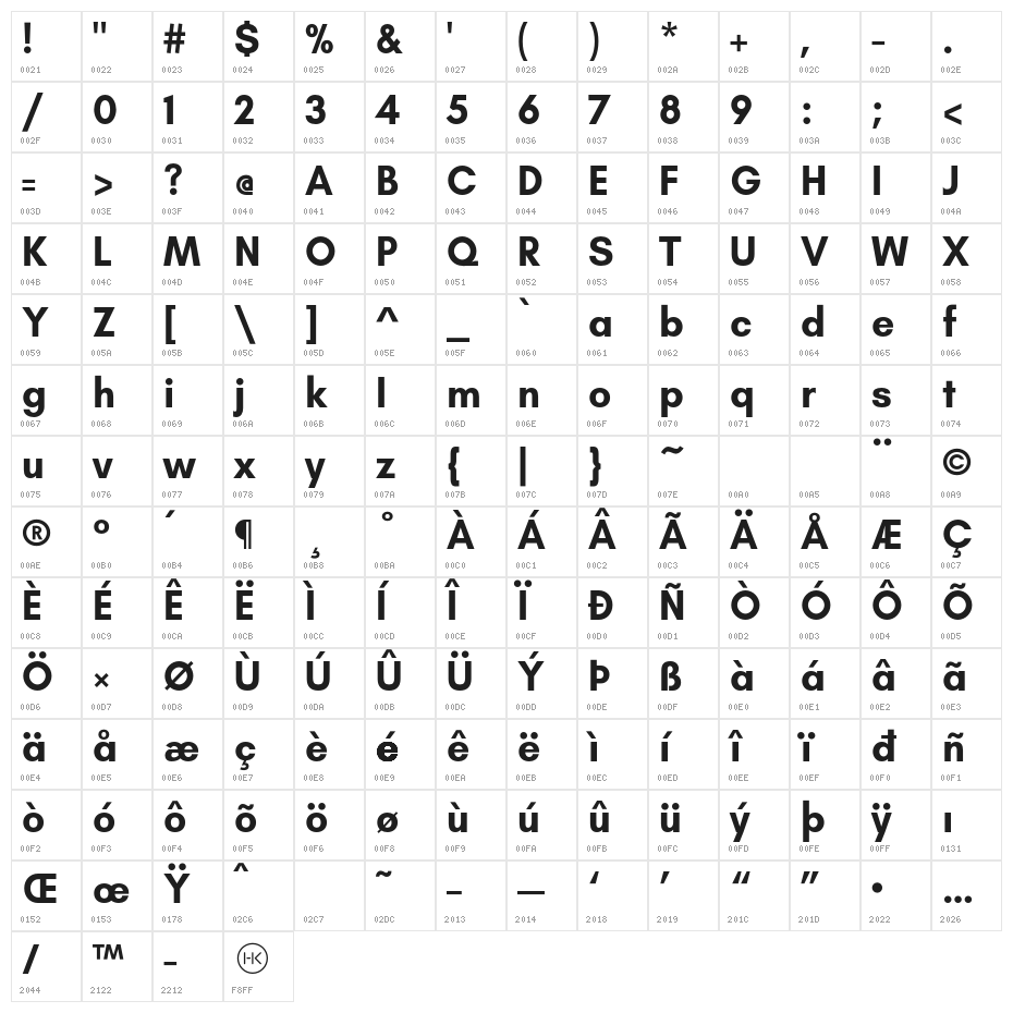 GlacialIndifference-Bold Character Map