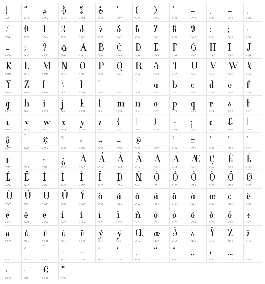 Glamor-BoldCondensed Character Map