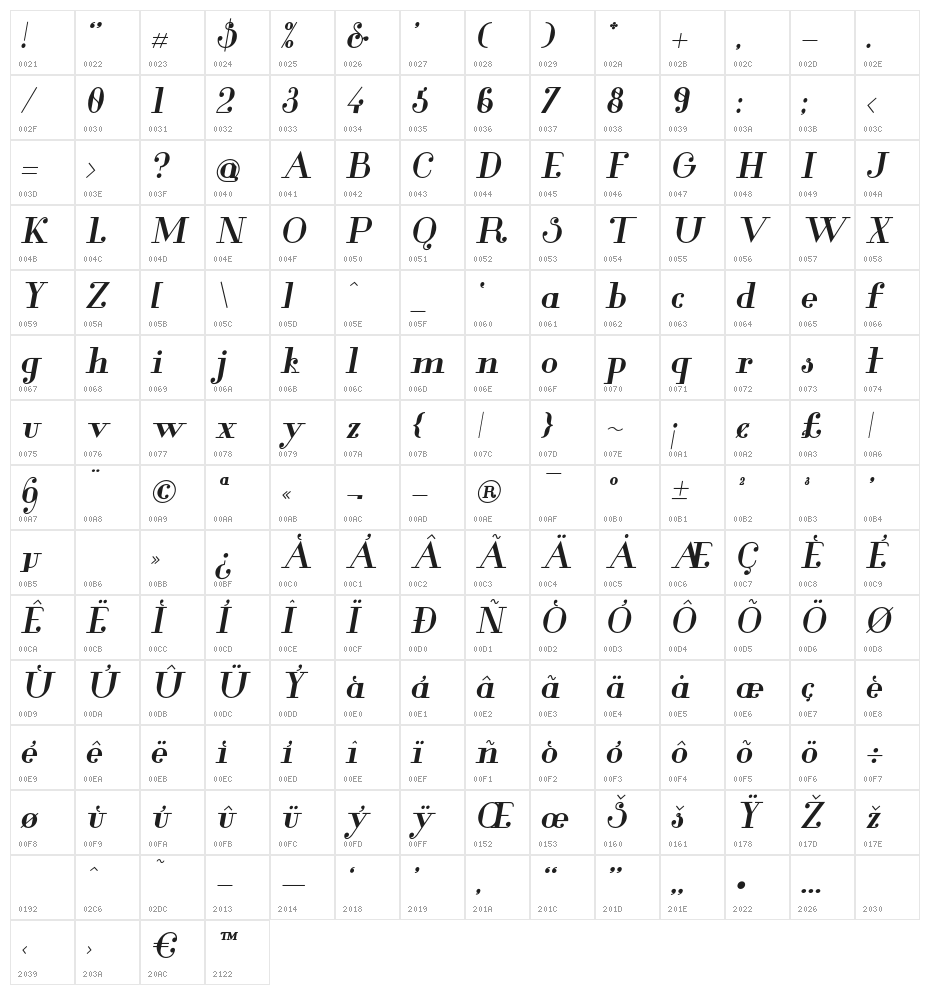 Glamor-BoldItalic Character Map