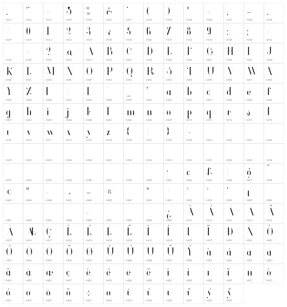 Glamor Light Condensed Character Map