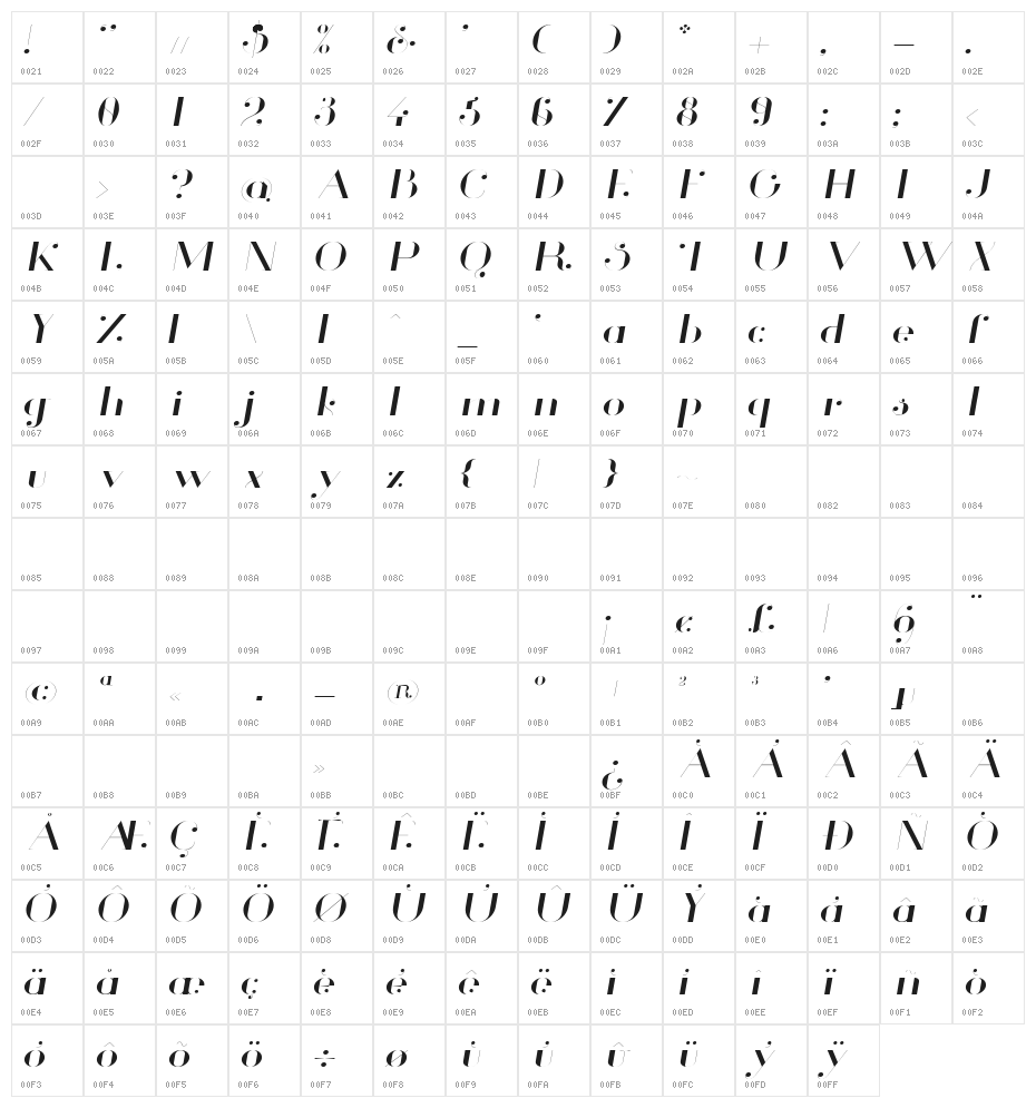 Glamor Light Extended Italic Character Map