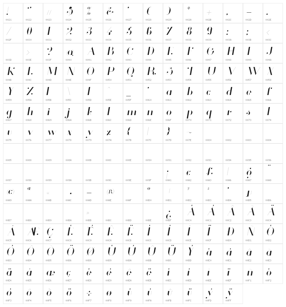 Glamor Light Italic Character Map