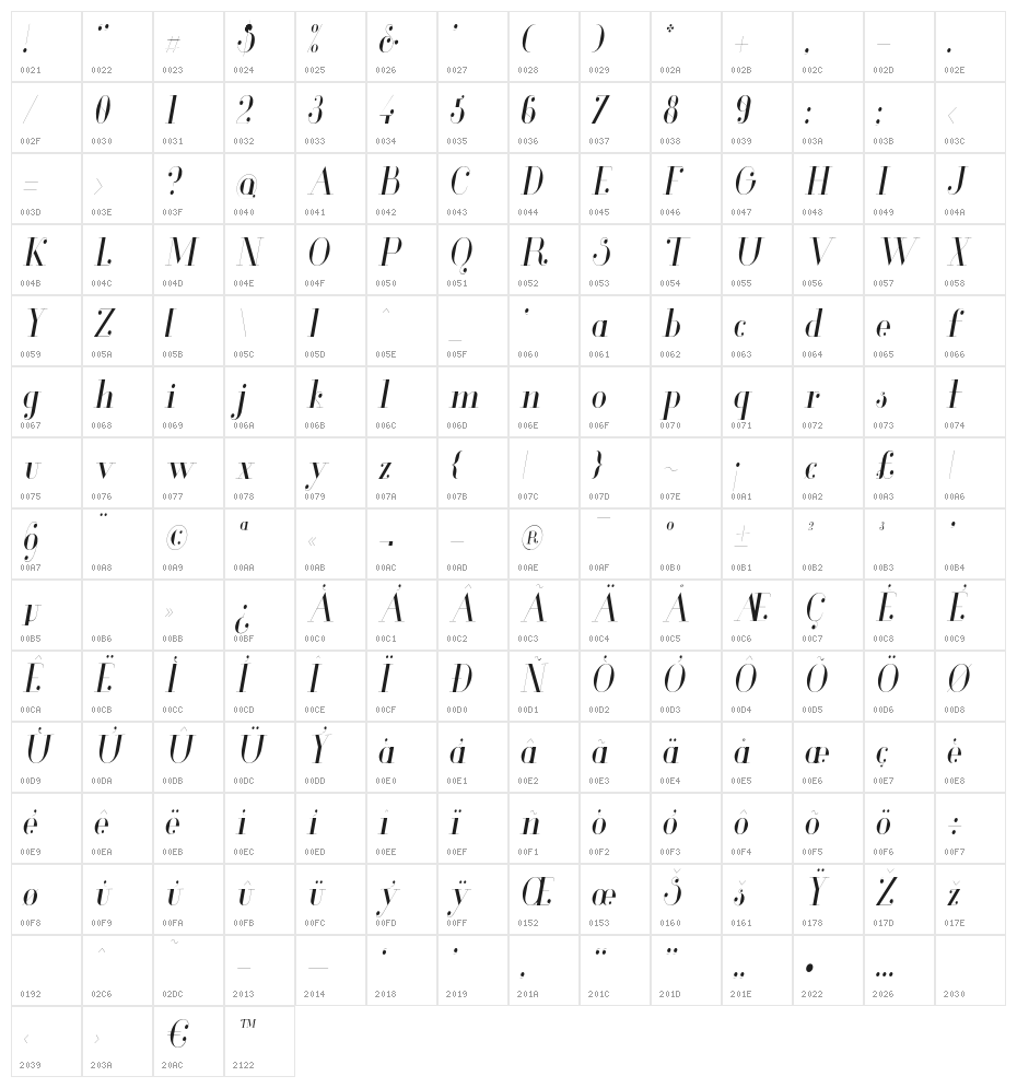 Glamor-LightCondensedItalic Character Map