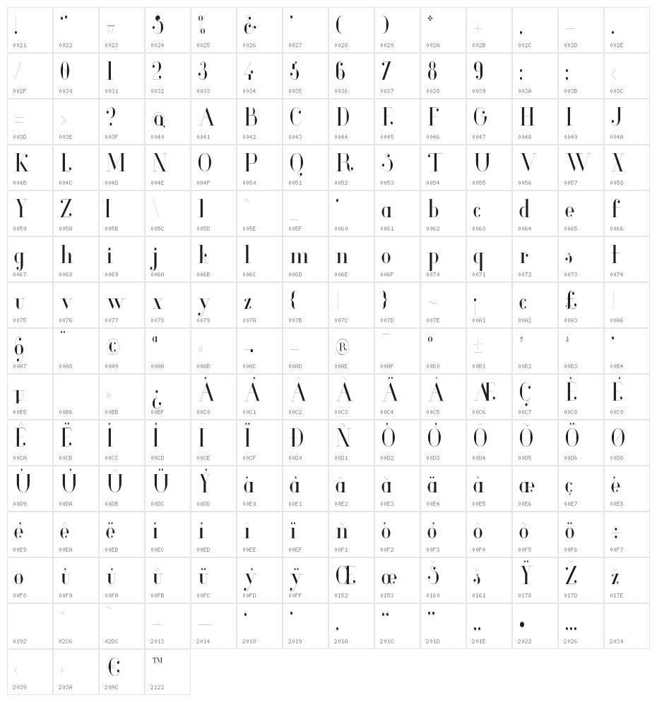 Glamor-LightCondensed Character Map