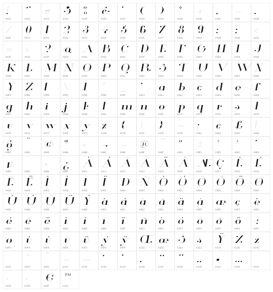 Glamor-LightExtendedItalic Character Map