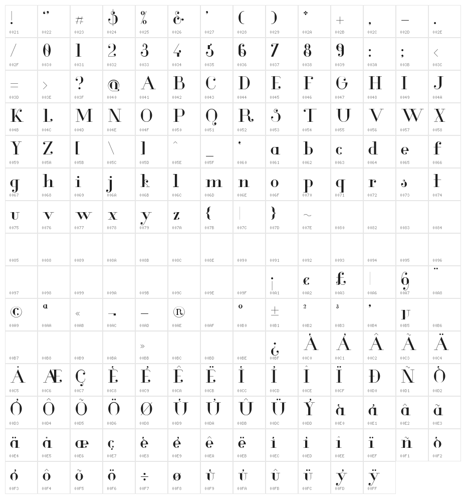 Glamor Regular Character Map