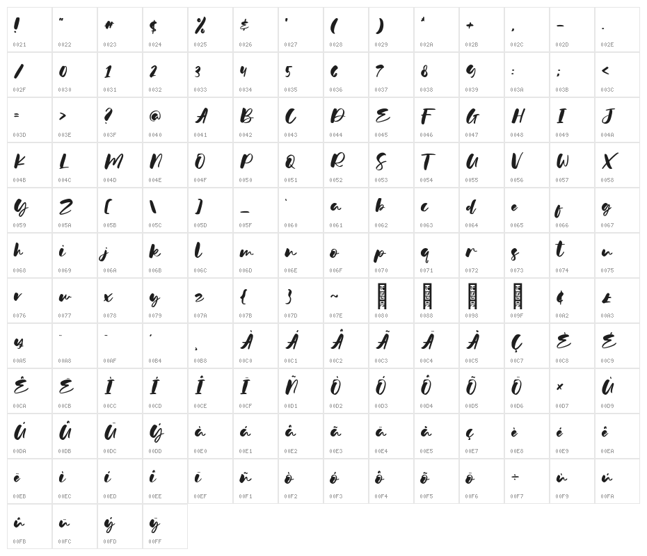 Glamour Bright Regular Character Map