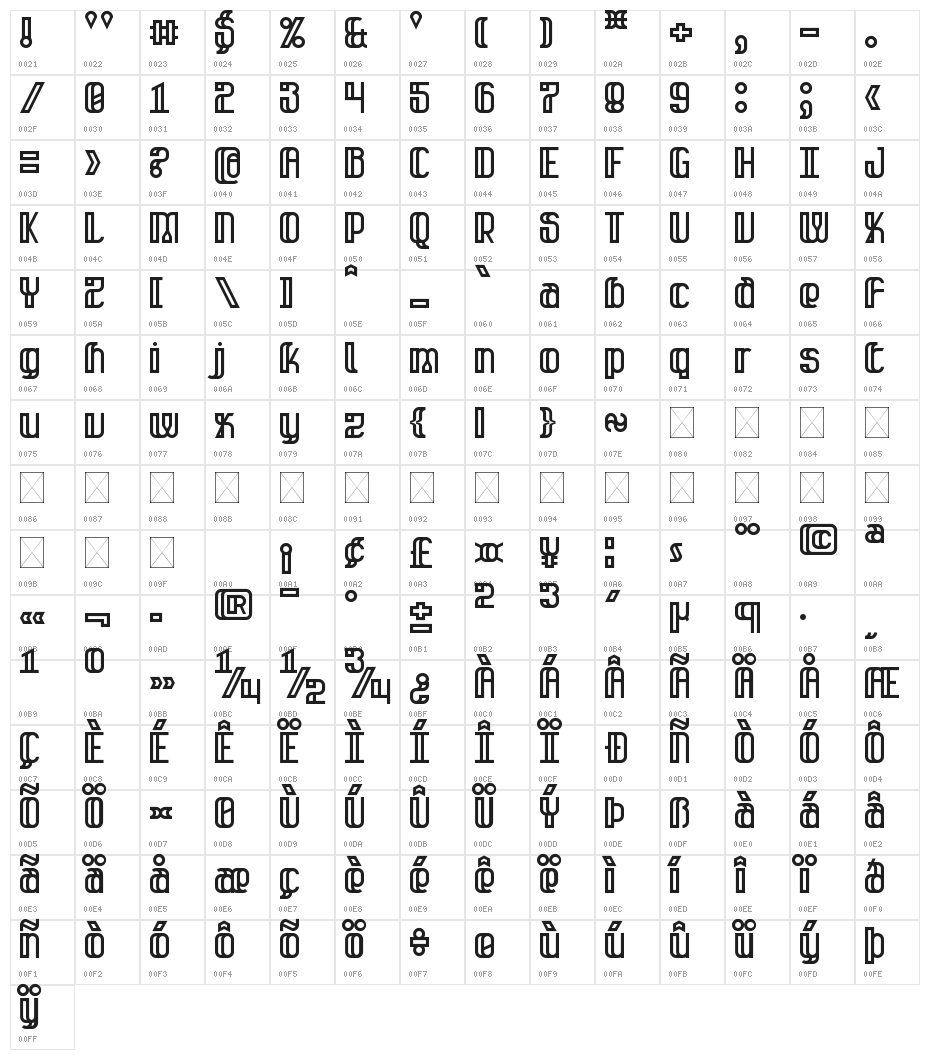 Glitzfang Regular Character Map