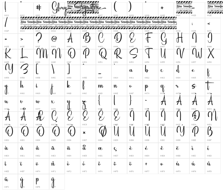 Glory Signature Personal Use Character Map