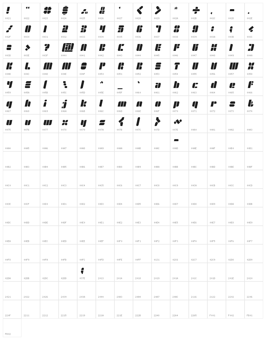 GOLDEN BAR Italic Character Map
