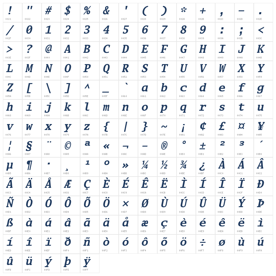 Go Mono Bold Italic Character Map