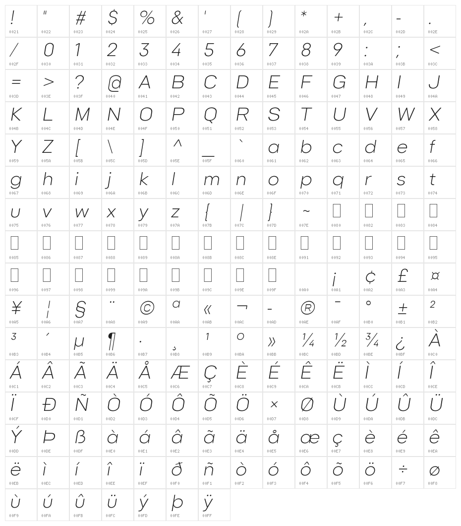 Goldbill XL Light Italic Character Map