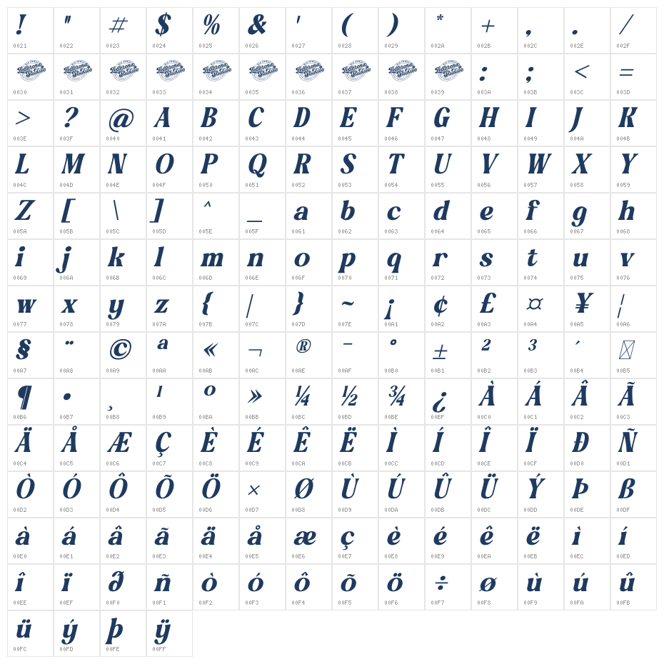 Golden Antique DEMO VERSION Italic Character Map