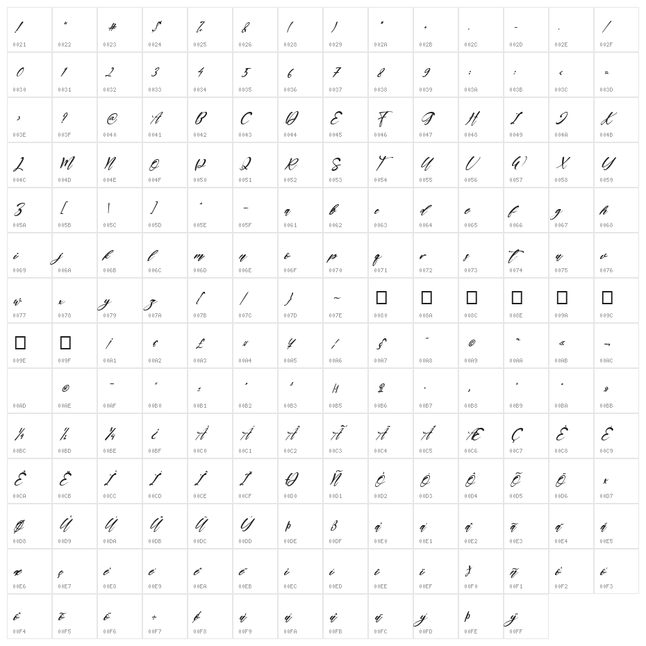 Golden Cristal Italic Character Map