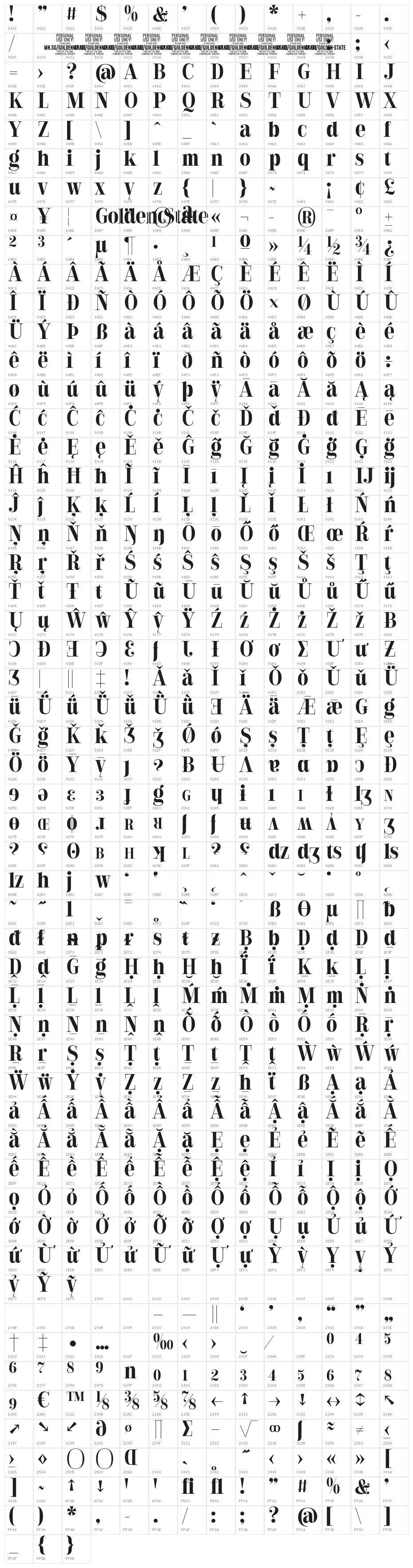 Golden State Serif PERSONAL Bold Character Map