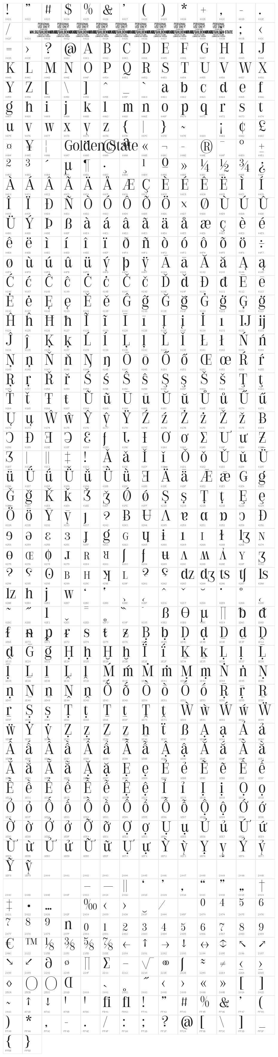 Golden State Serif PERSONAL Light Character Map