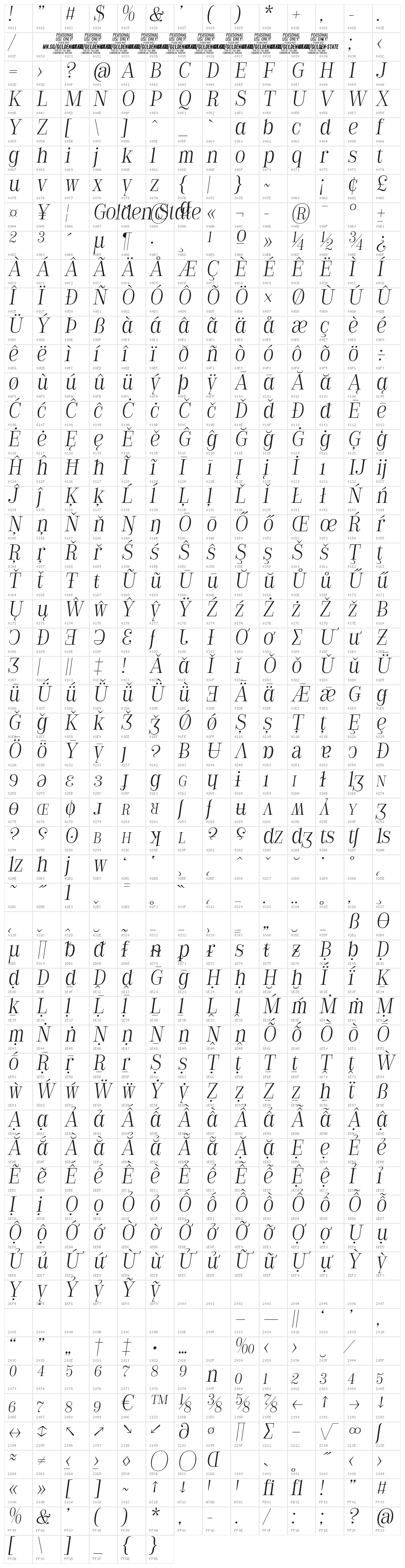 Golden State Serif PERSONAL Thin Italic Character Map