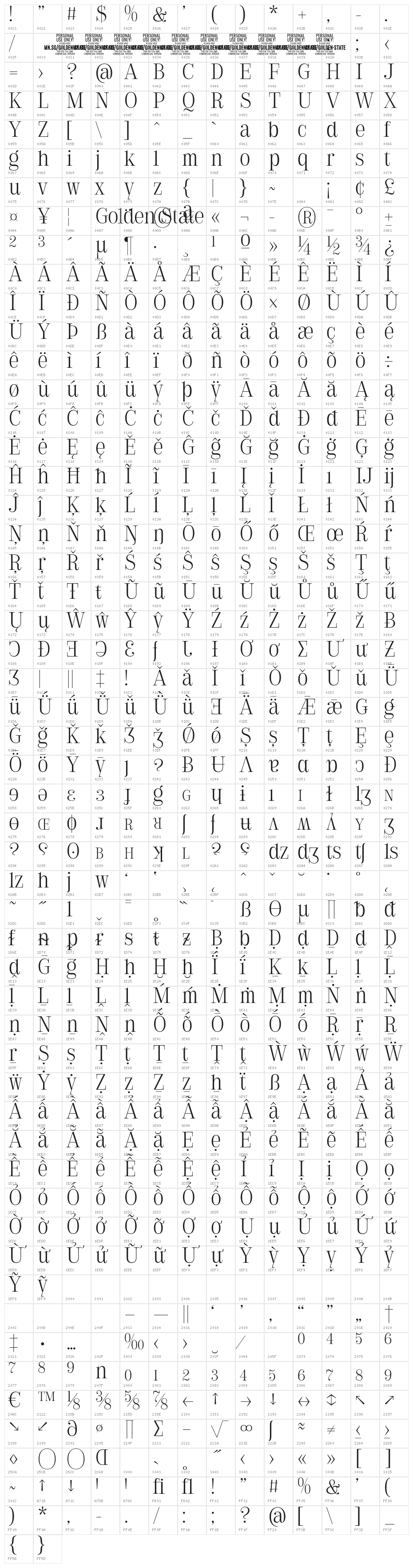 Golden State Serif PERSONAL Thin Character Map