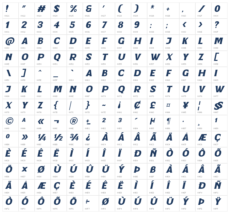 Goldener Italic Character Map