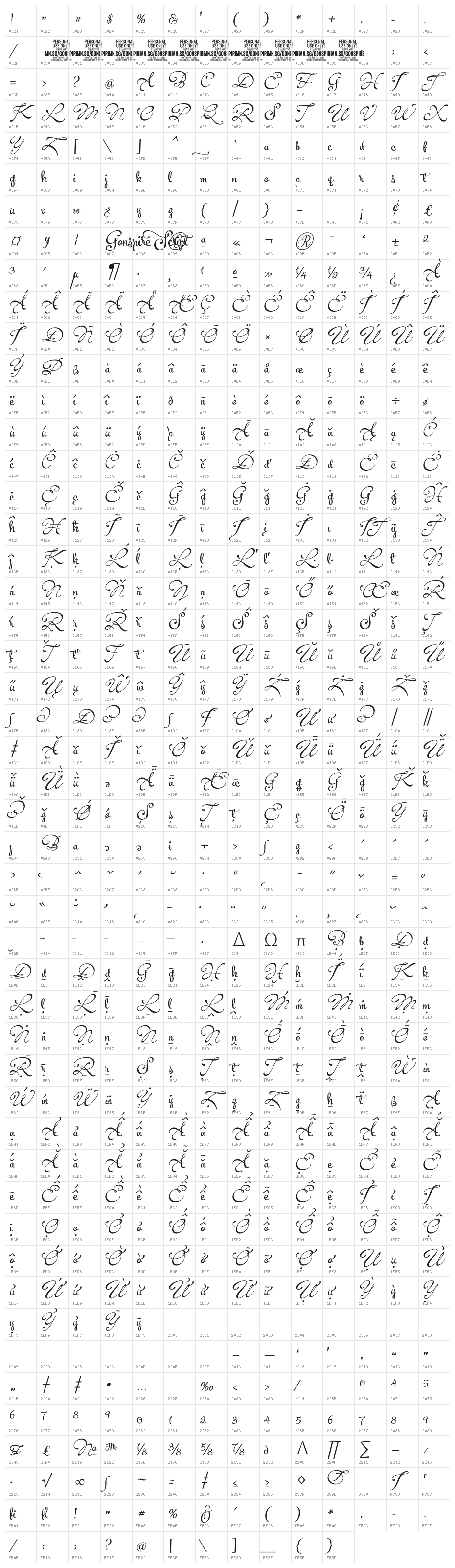 Gonspire Script PERSONAL USE Regular Character Map
