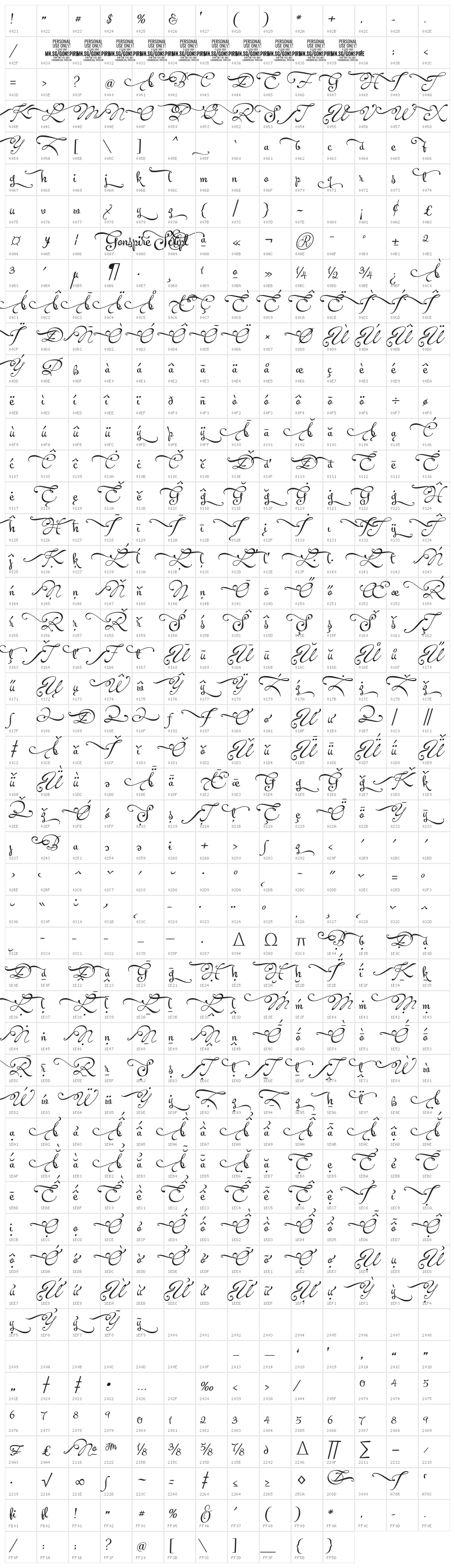 Gonspire Swash PERSONAL Regular Character Map