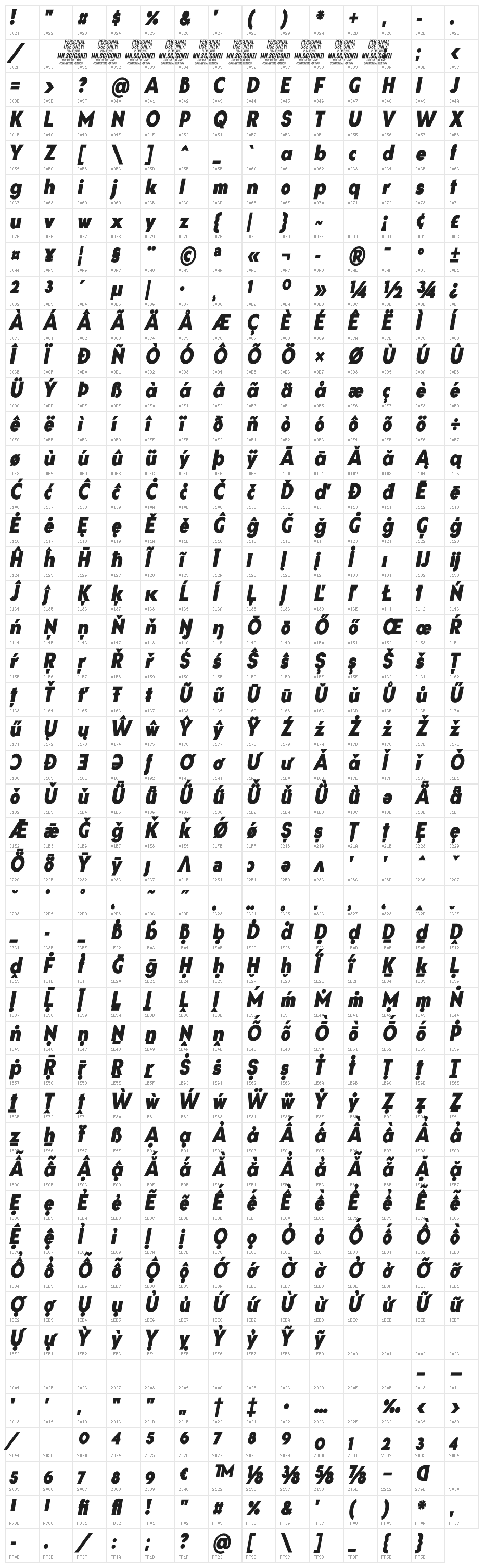 Gonzi Condensed PERSONAL USE Black Italic Character Map