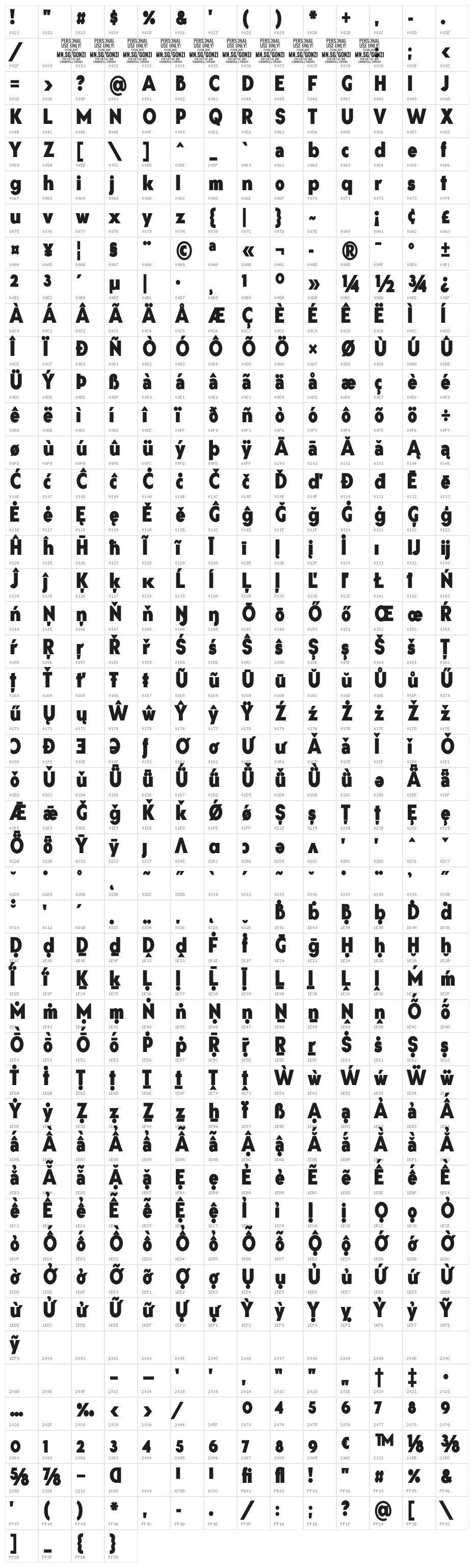 Gonzi Condensed PERSONAL USE Black Character Map