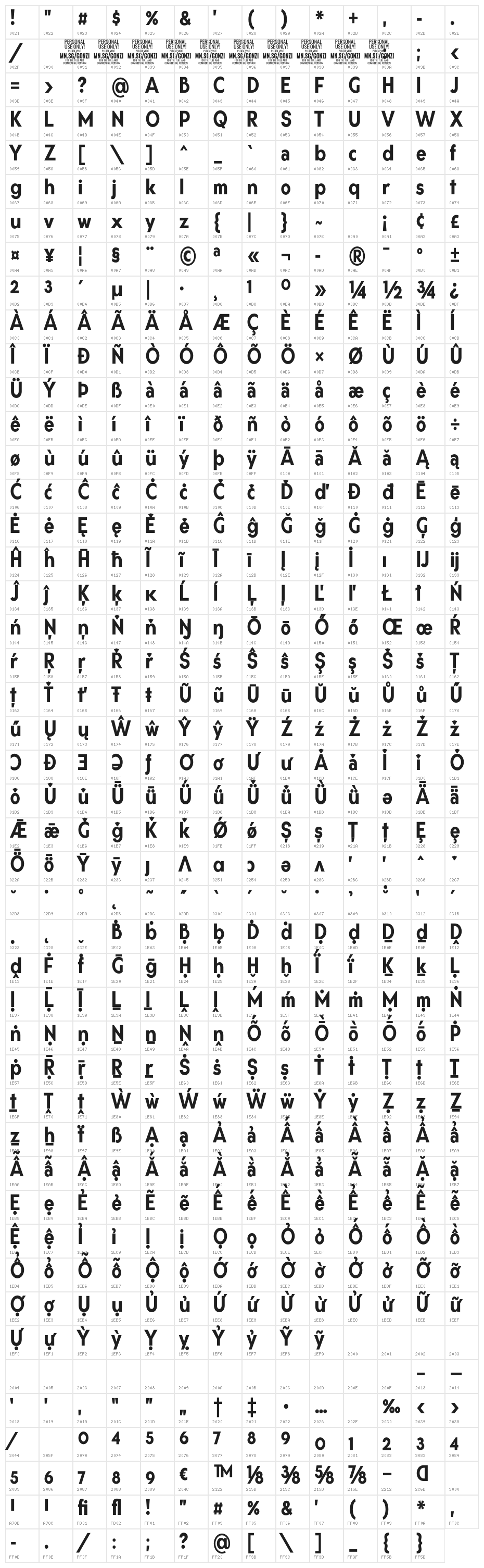 Gonzi Condensed PERSONAL USE Bold Character Map