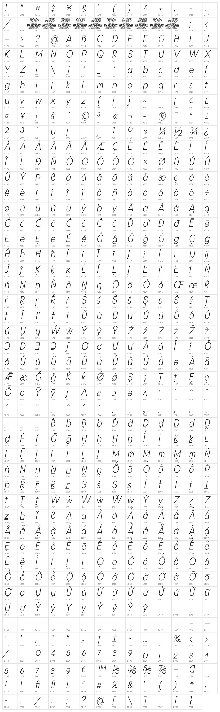 Gonzi Condensed PERSONAL USE Light Italic Character Map