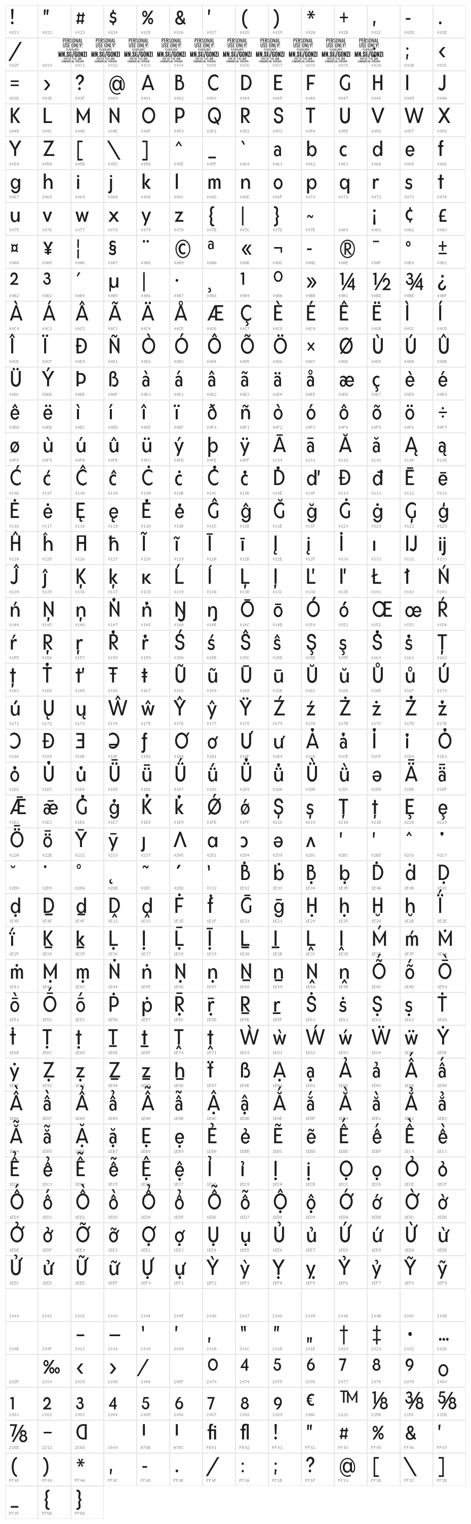 Gonzi Condensed PERSONAL USE Regular Character Map
