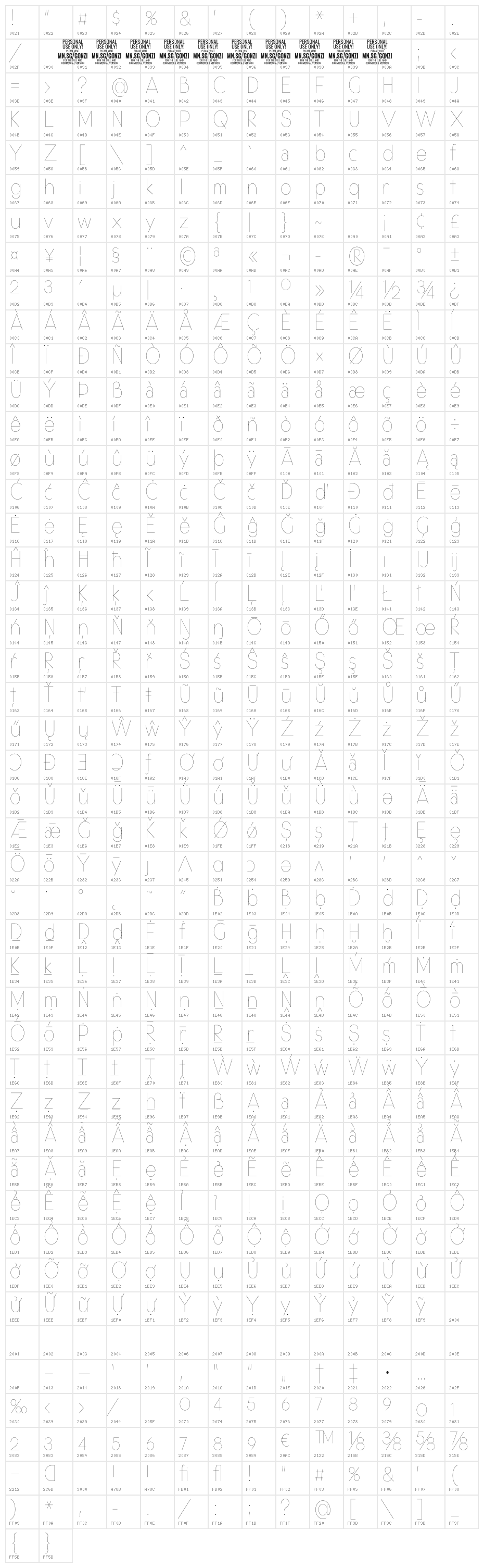 Gonzi Condensed PERSONAL USE Thin Character Map