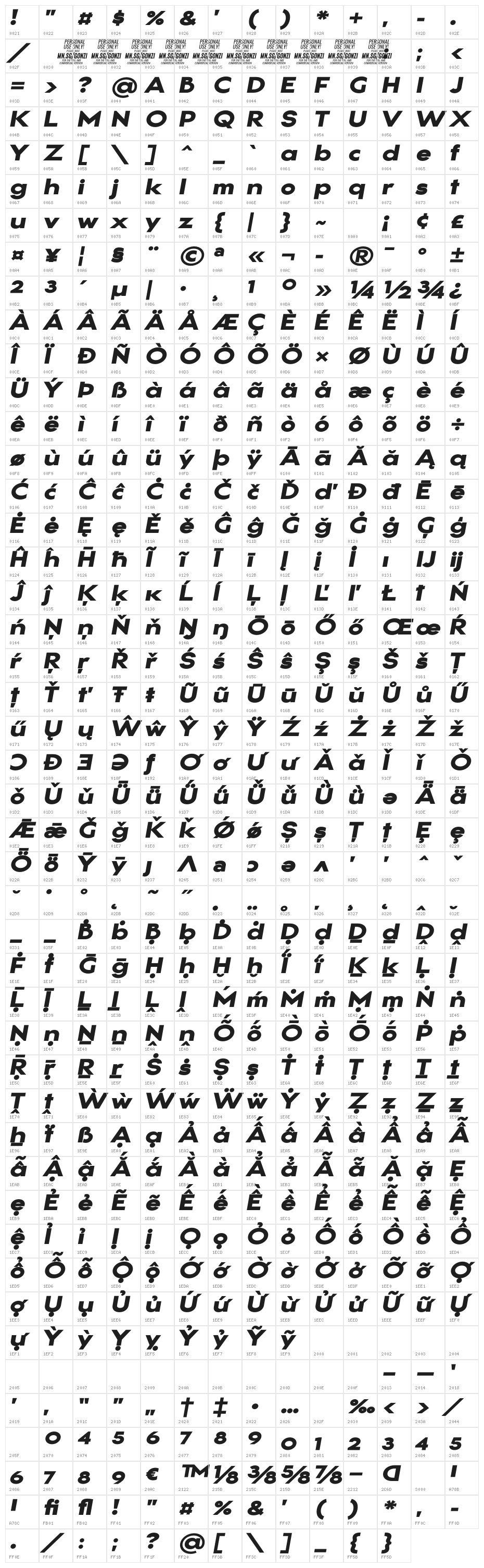 Gonzi Expanded PERSONAL USE Black Italic Character Map